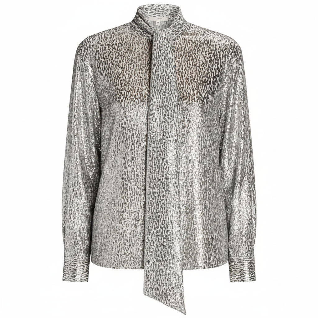 Core Wardrobe Metallic Leopard-Print Tie-Neck Blouse