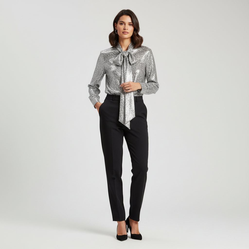 Core Wardrobe Metallic Leopard-Print Tie-Neck Blouse