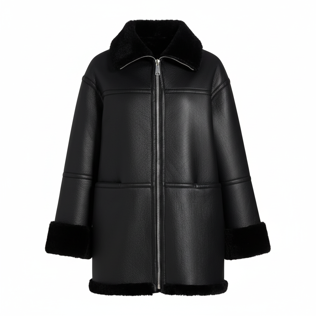 Core Wardrobe Faux Shearling-Lined Black Zip-Up Jacket