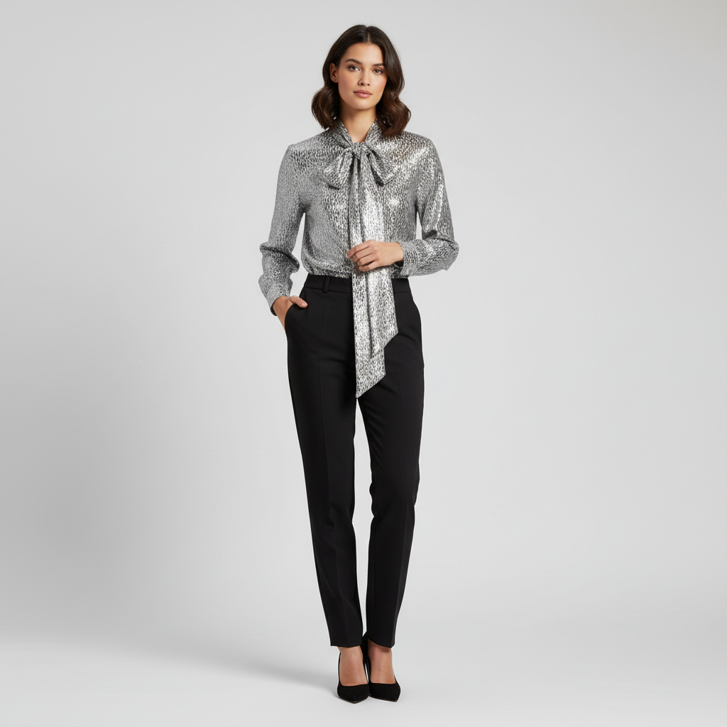 Core Wardrobe Metallic Leopard-Print Tie-Neck Blouse